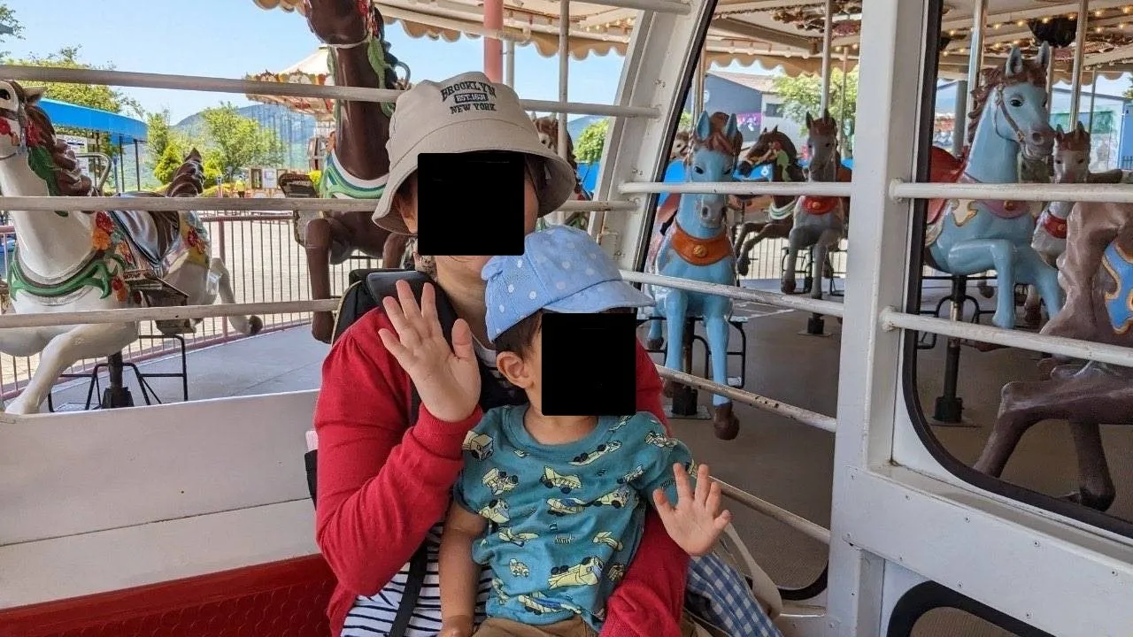メリーゴーランドの座席に、大人のひざの上で座る子ども