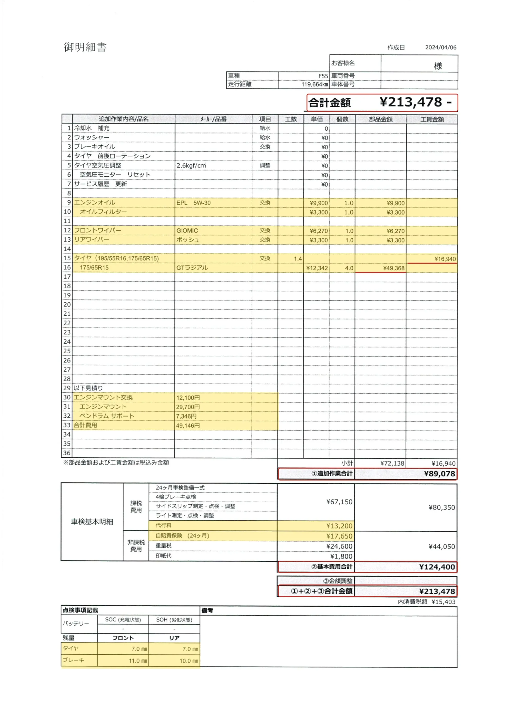 2024年の車検の明細書に、金額のポイント(タイヤ交換・オイル・ワイパー・エンジンマウントの見積もり・代行料・自賠責保険・合計金額・タイヤとブレーキの残量)の印を付けたもの